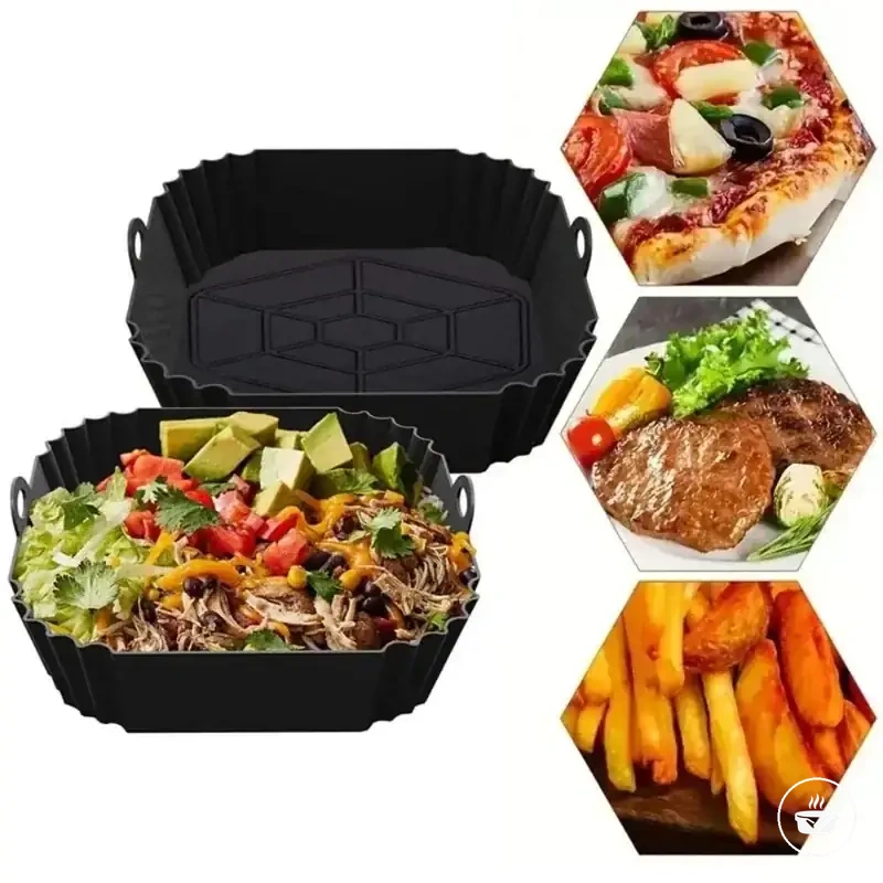 Quadratische Silikonform für die Heißluftfritteuse mit Griff zum Auslegen des Korbs und Backen.