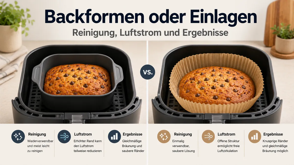 Backformen und Einlagen für die Heißluftfritteuse im Vergleich nach Reinigung, Luftstrom und Backergebnis.