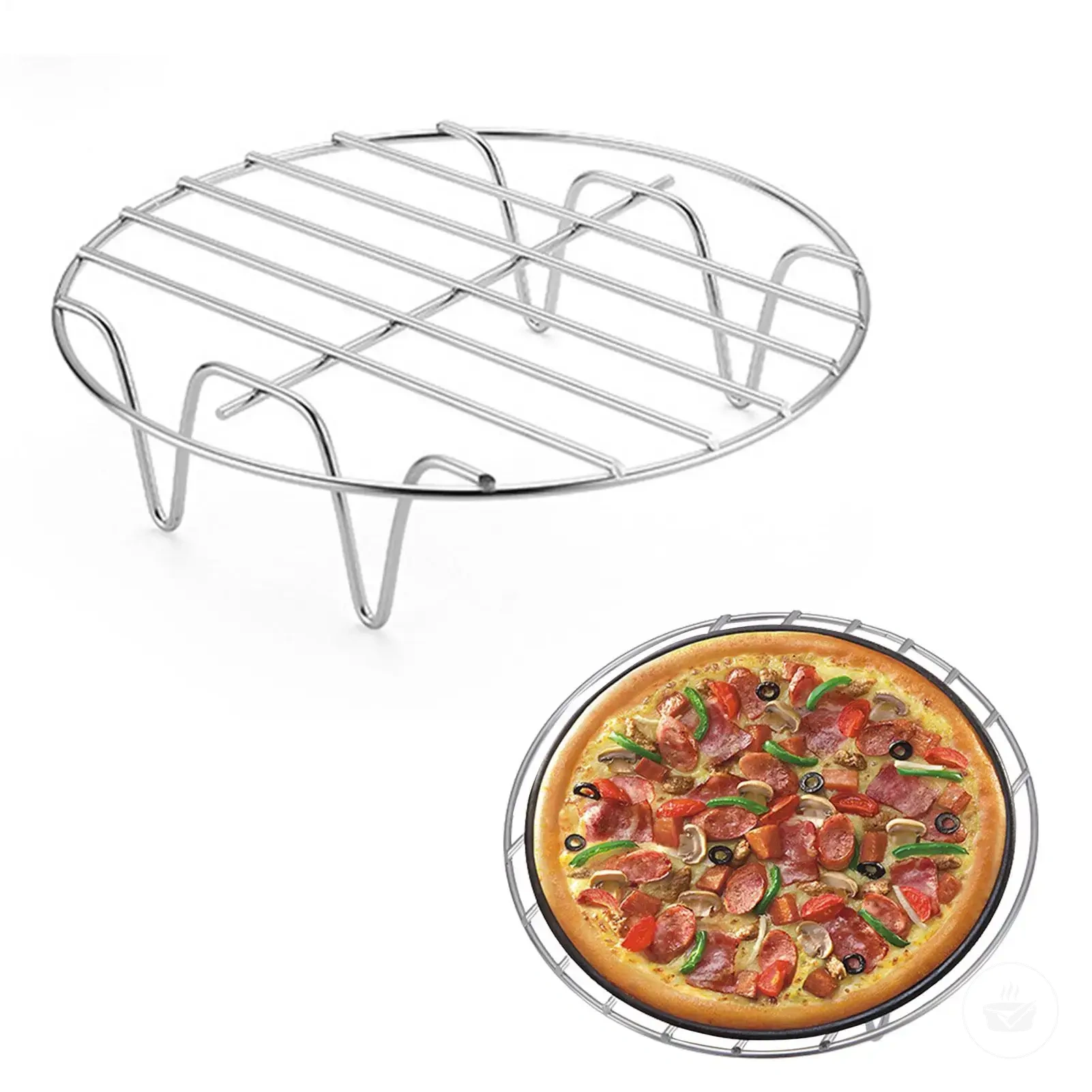 Round stainless steel cooking rack in 6, 7, and 8 inch sizes for ovens and air fryers.