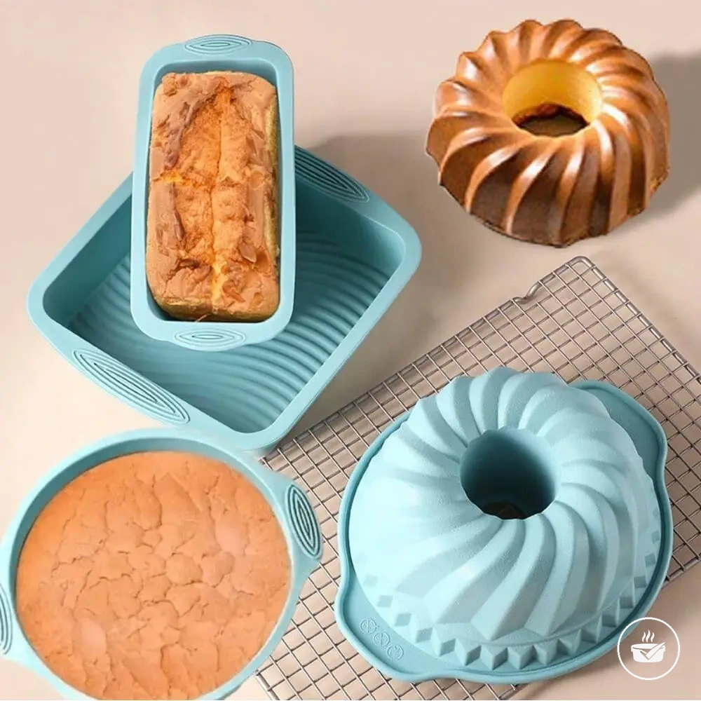 Silicone cake baking mold set with cake, bread, toast, and muffin forms.