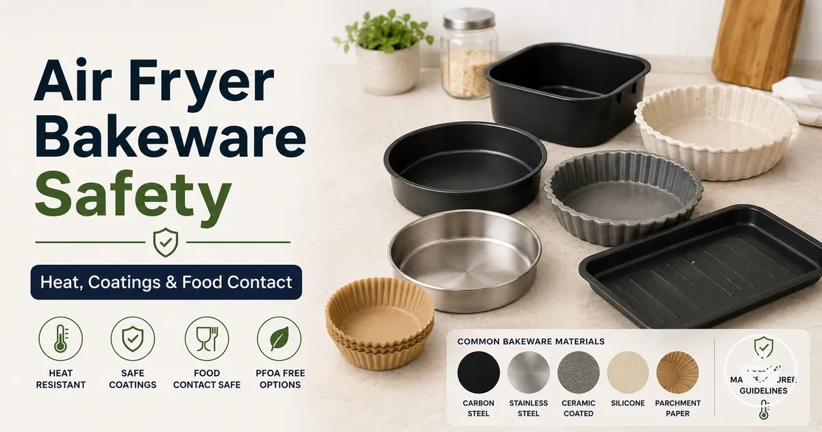 Heat-safe air fryer bakeware materials and coated baking pieces on a kitchen surface.