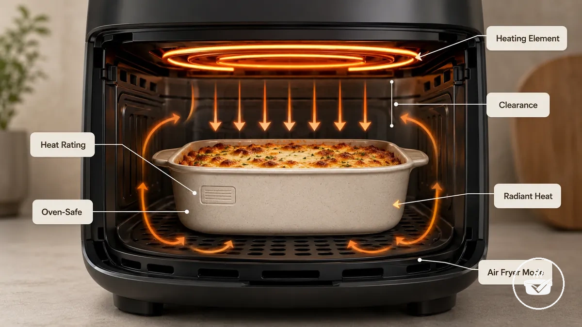 Air fryer bakeware positioned below the heating element with clearance and heat-rating cues