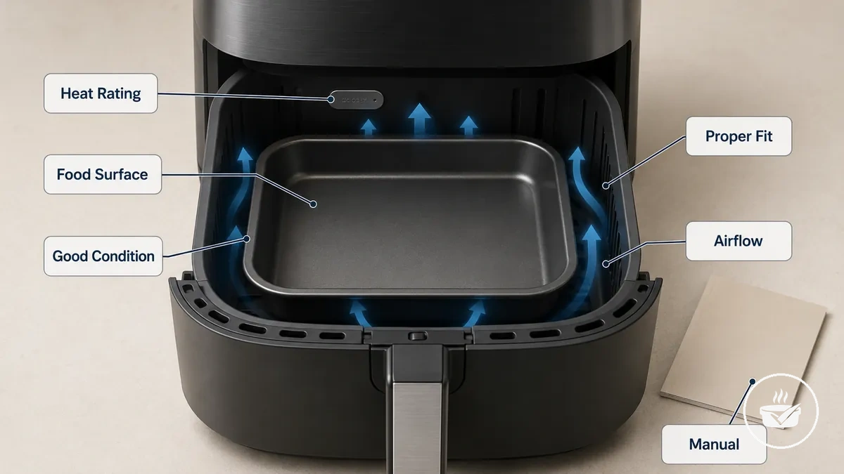 Annotated air fryer bakeware showing heat rating, food-contact surface, condition, and fit checks