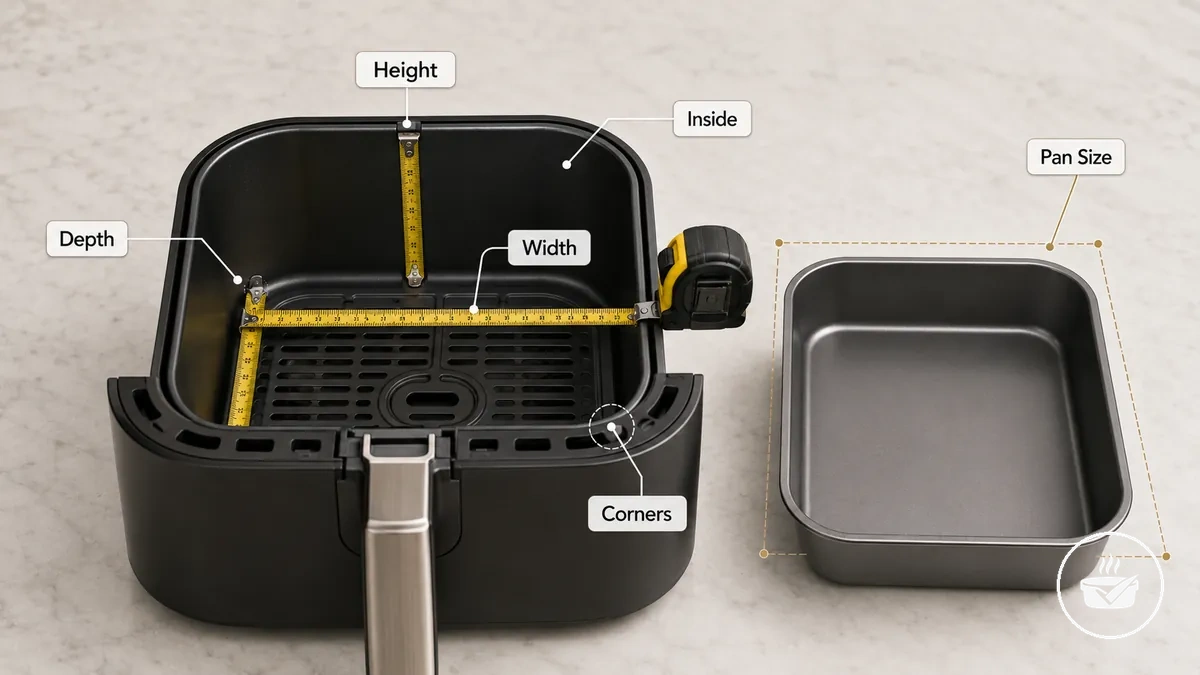 Measuring the usable interior of an air fryer basket for pan sizing