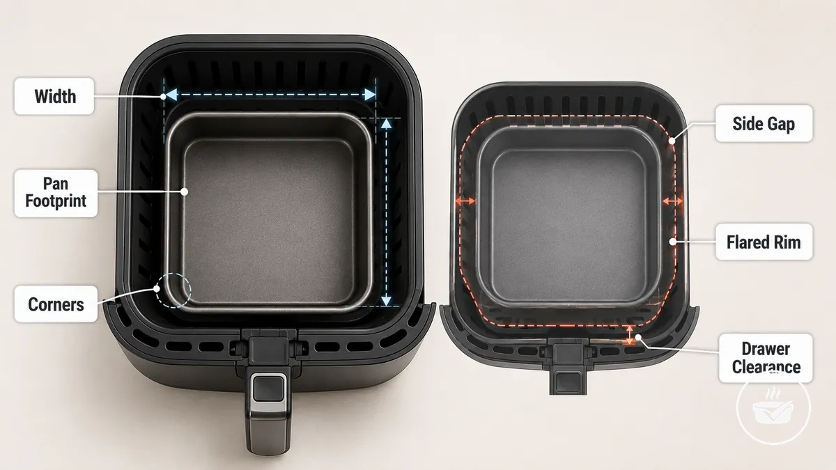 Pan footprint compared with drawer clearance inside an air fryer basket
