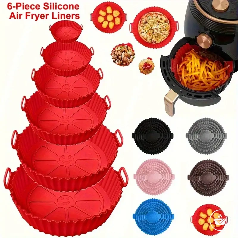 Set de seis alfombrillas de silicona para freidora de aire con superficies de cocción de doble textura.