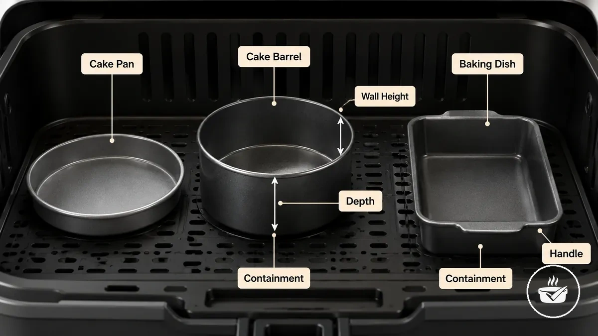 Molde redondo, cilindro para bizcochos y molde para horno para freidora de aire mostrados con etiquetas de profundidad y pared lateral