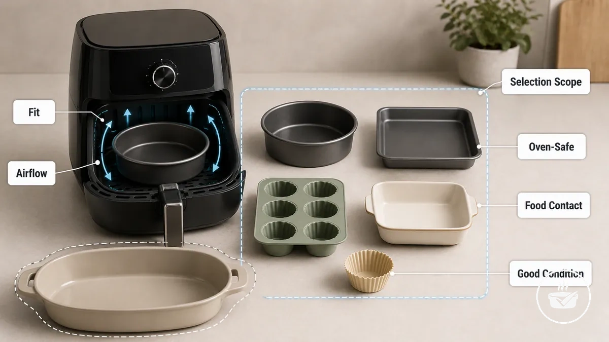 Alcance de moldes aptos para freidora de aire que muestra ajuste, flujo de aire, superficies de contacto con alimentos y comprobaciones de estado