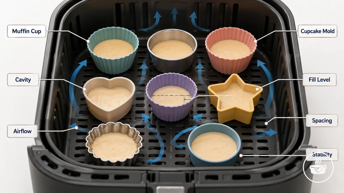 Moldes para magdalenas y cupcakes para freidora de aire que muestran las cavidades para porciones y el espaciado