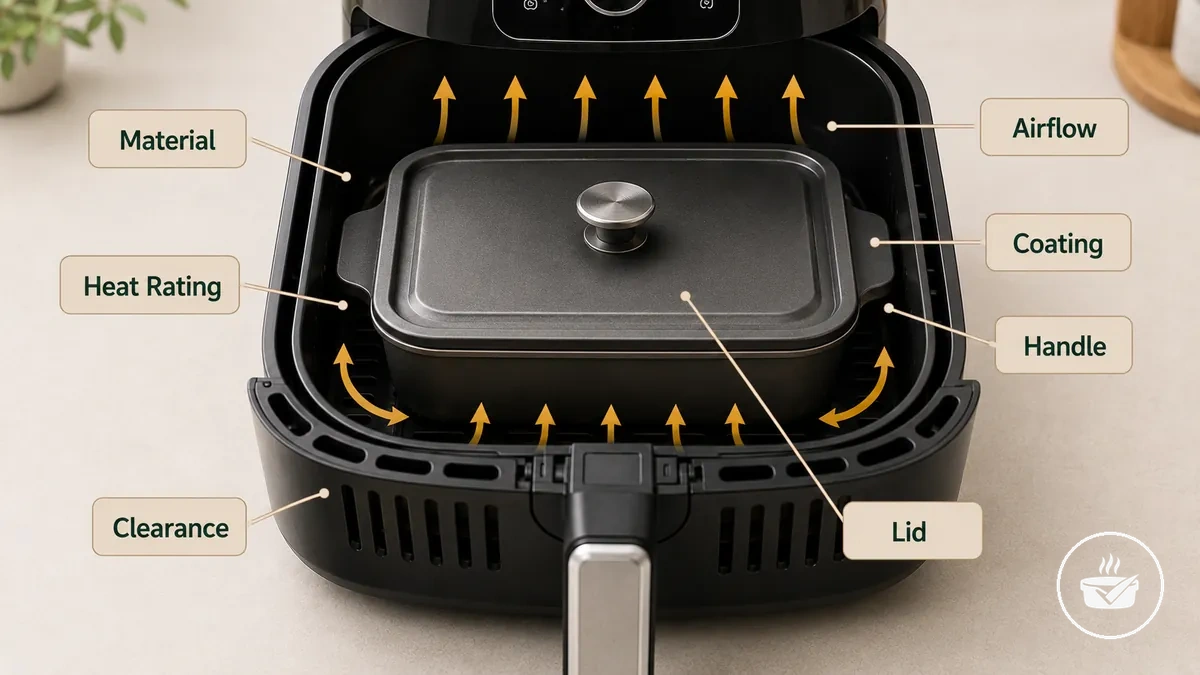 Comprobaciones de seguridad anotadas para moldes de freidora de aire: material, resistencia térmica, espacio libre y flujo de aire