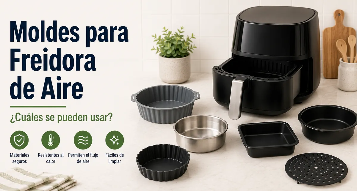 Moldes aptos para freidora de aire colocados junto a una freidora con cesta.