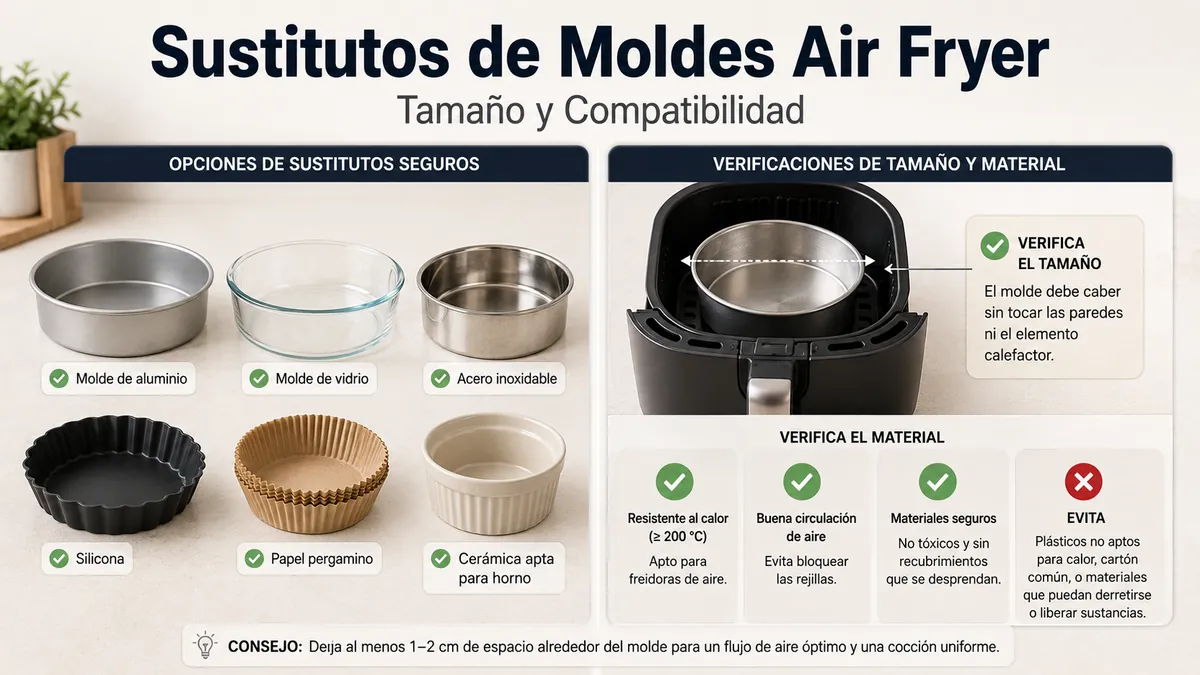 Sustitutos seguros de moldes para freidora de aire revisados por tamaño y compatibilidad de material.