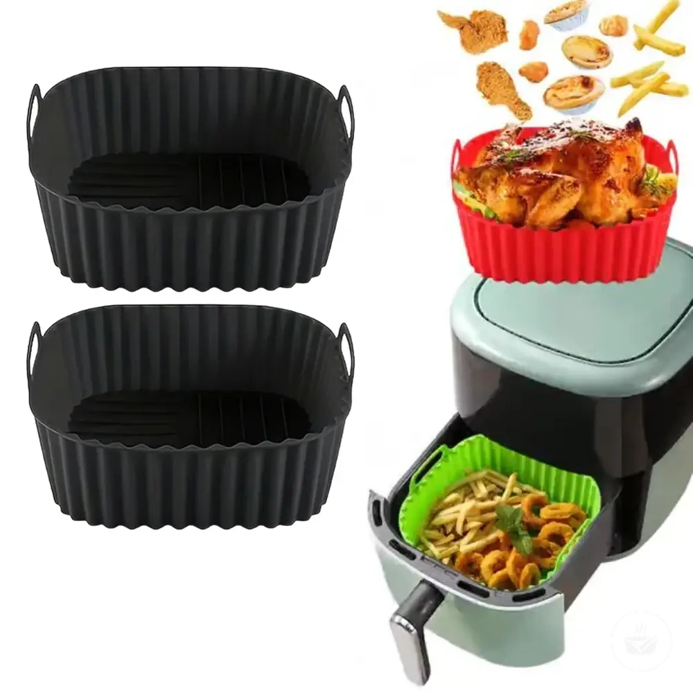 Doublures réutilisables en silicone pour air fryer avec surfaces antiadhésives faciles à nettoyer.