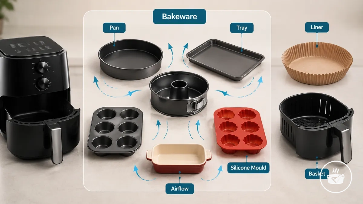 Moules pour air fryer incluant plaques, plateaux, moules en silicone et plats de cuisson