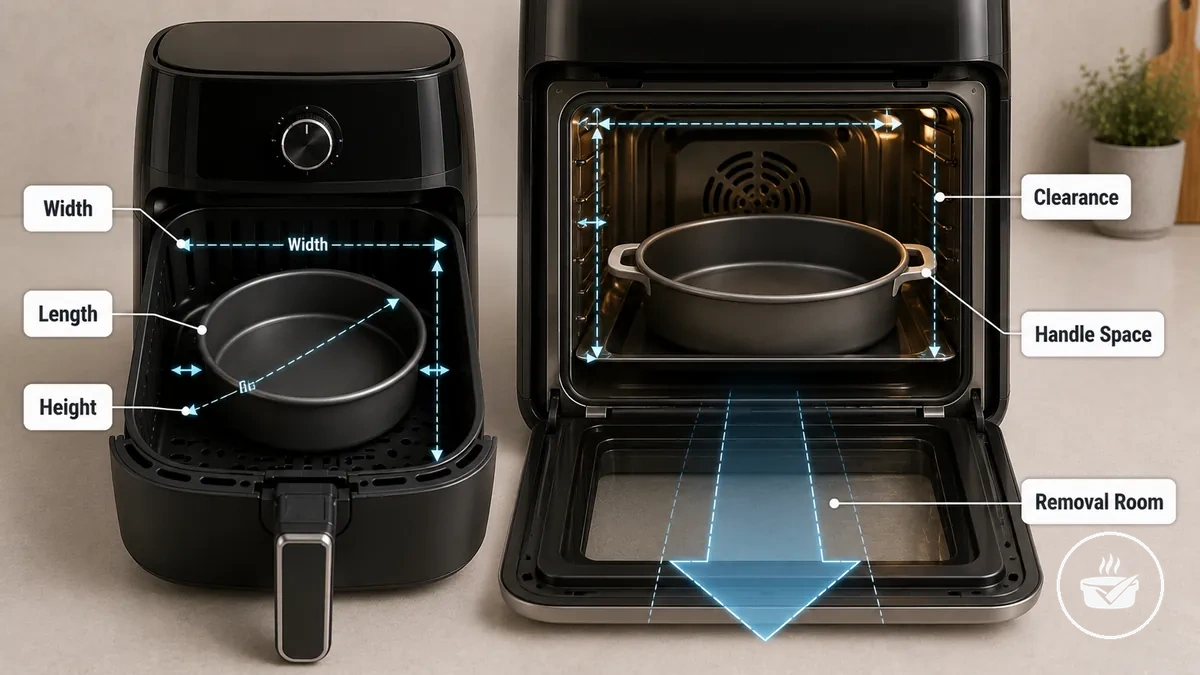Diagramme montrant l'espace de cuisson mesuré, le dégagement et l'espace de retrait à l'intérieur d'un air fryer