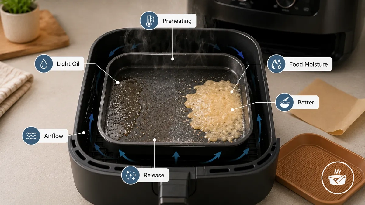 Conditions d'huile, de préchauffage et d'humidité des aliments affectant le démoulage sur un moule pour air fryer.