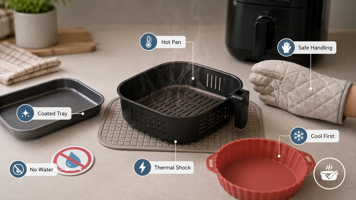 Plateau chaud pour air fryer refroidissant sur une surface résistante à la chaleur avant le lavage