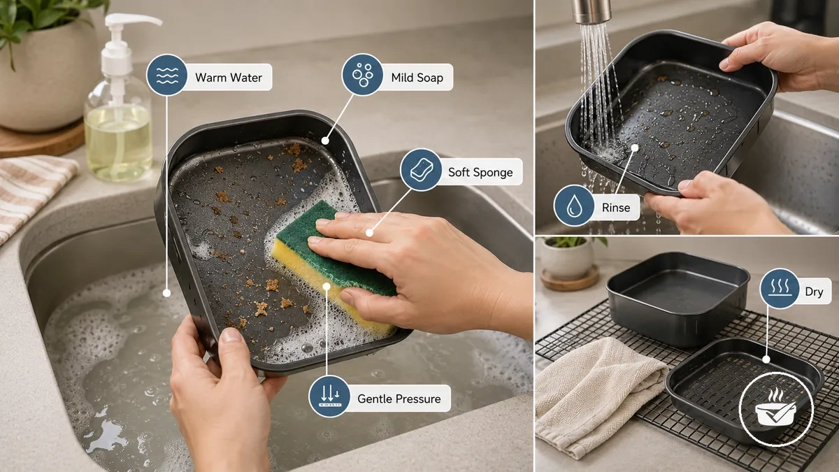 Nettoyage de routine des moules pour air fryer avec de l'eau tiède, du savon doux pour la vaisselle et une éponge souple