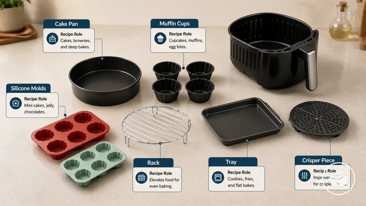 Pièces utiles d'un ensemble de moules pour air fryer classées par rôle de cuisson.