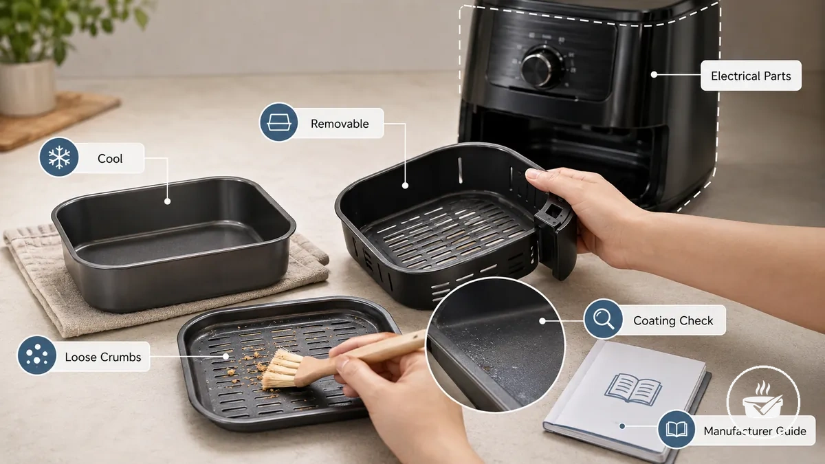 Préparation des moules amovibles pour air fryer pour un nettoyage doux et une inspection de surface