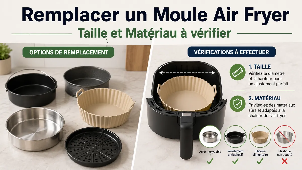 Solutions sûres pour remplacer un moule dans un air fryer, vérifiées selon la taille et la compatibilité du matériau.