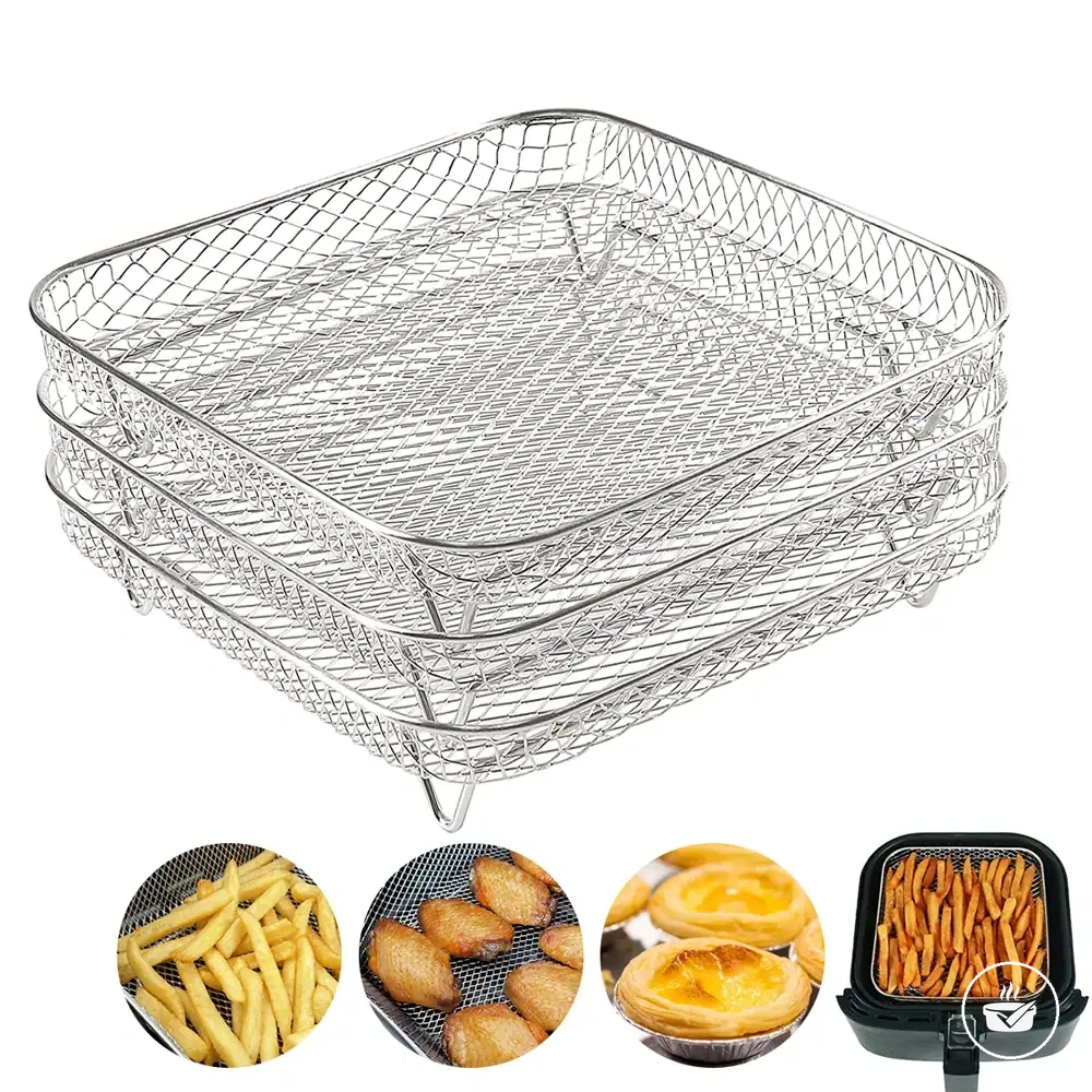 Grade de aço inox de três camadas para empilhar bandejas ou desidratar alimentos.