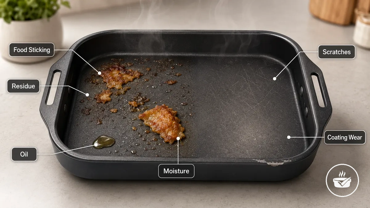 Forma para air fryer com alimento grudado e desgaste visível do revestimento antiaderente.