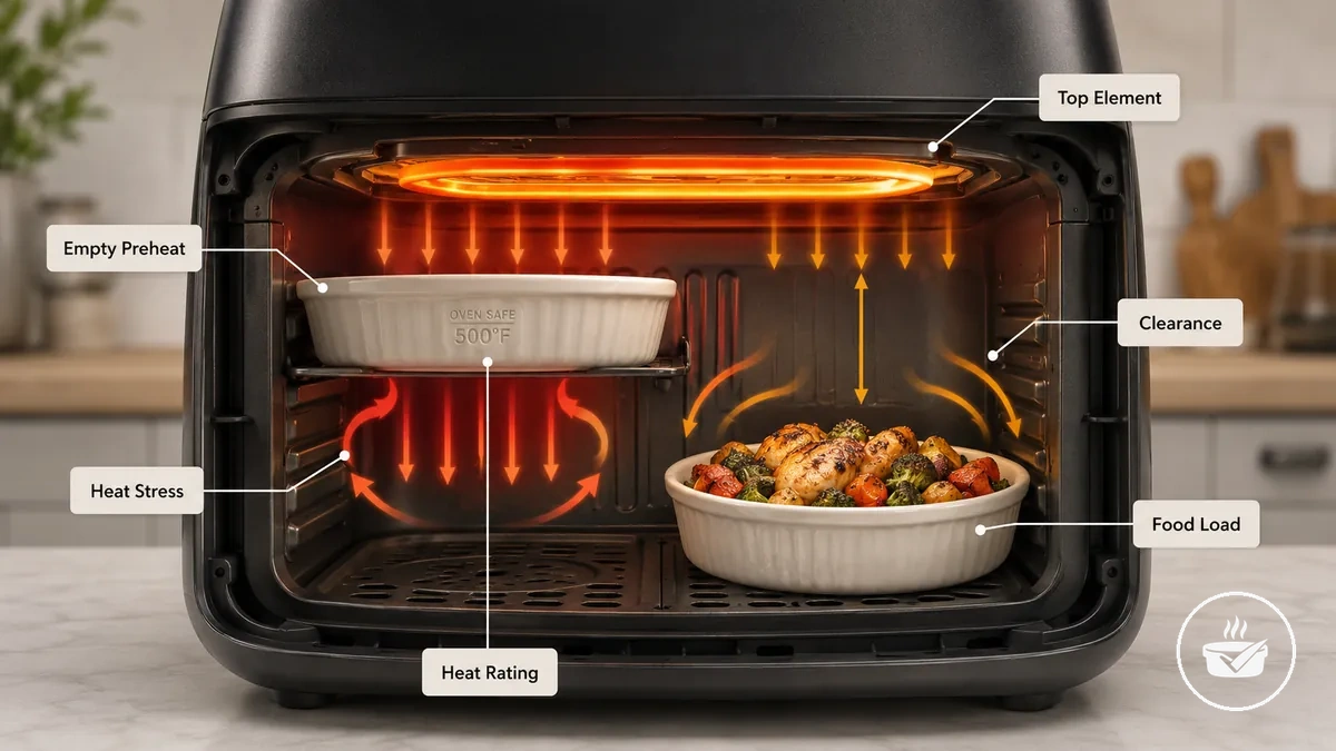 Espaço livre da forma para air fryer em relação ao elemento de aquecimento durante o pré-aquecimento