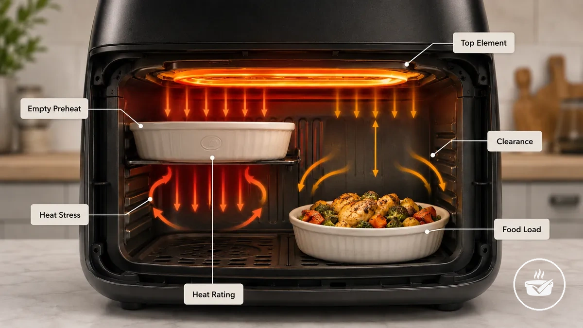 Formas para air fryer de silicone, metal, vidro e cerâmica com indicações de condições de segurança