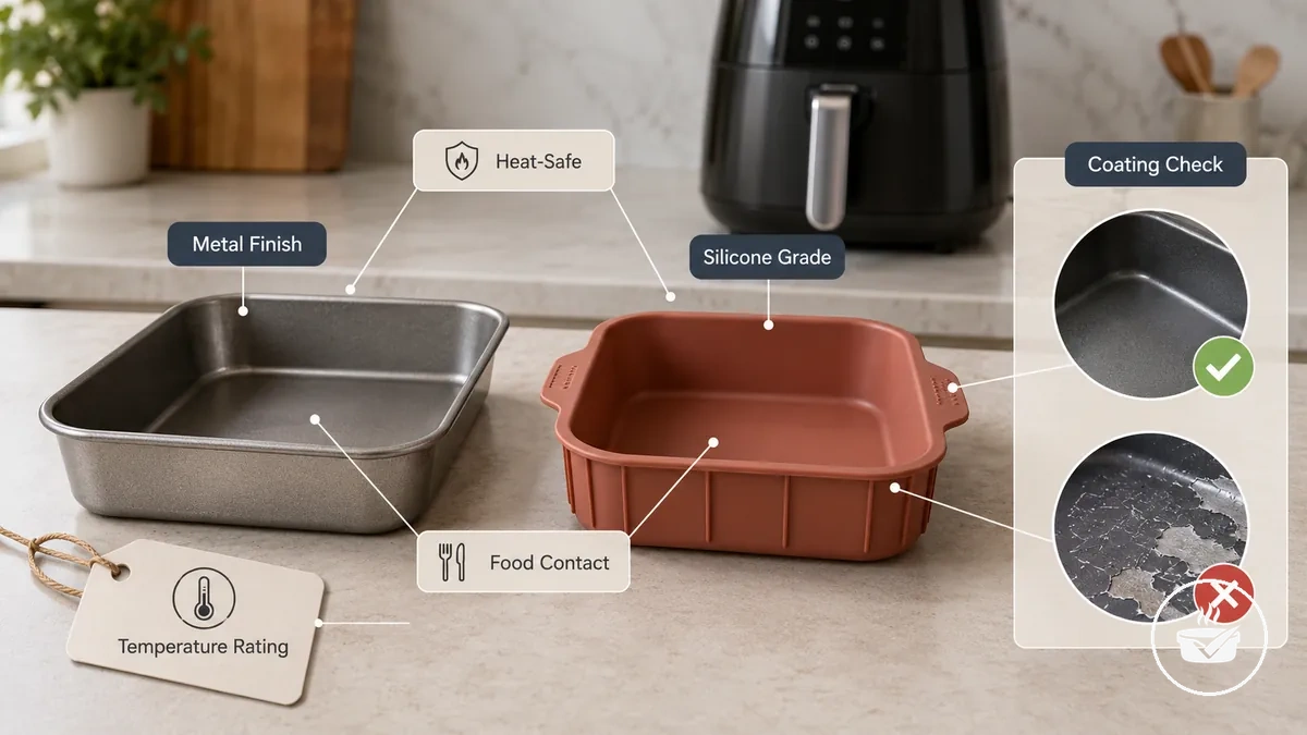 Material e indicações de superfície de formas para air fryer verificados para uso seguro em contato com alimentos