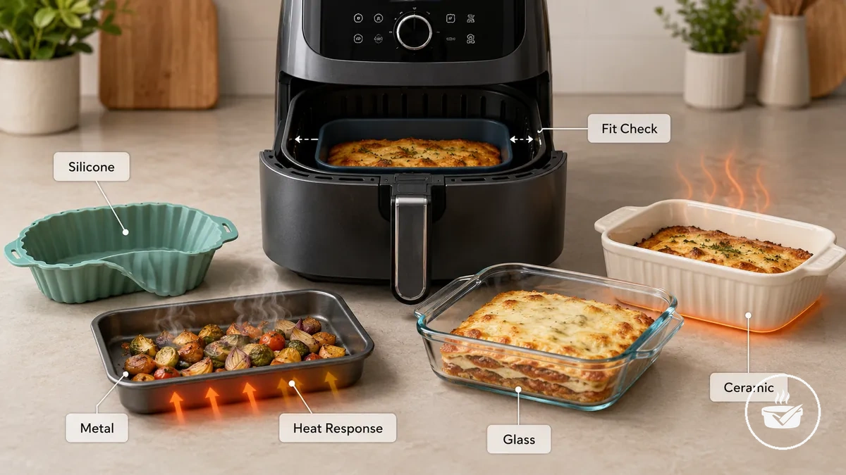 Formas para air fryer de silicone, metal, vidro e cerâmica comparadas lado a lado