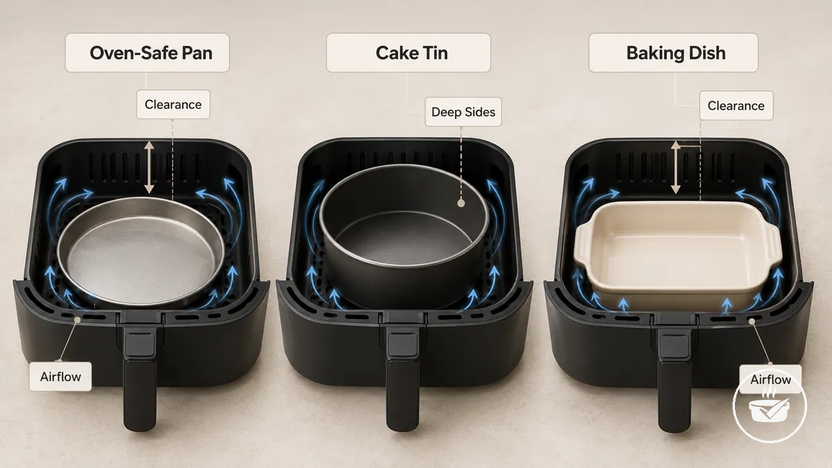 Comparação de formas resistentes ao forno, formas de bolo e travessas para encaixe na air fryer