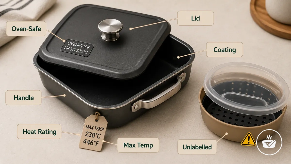 Verificações de etiqueta e componentes de forma própria para forno para uso em air fryer