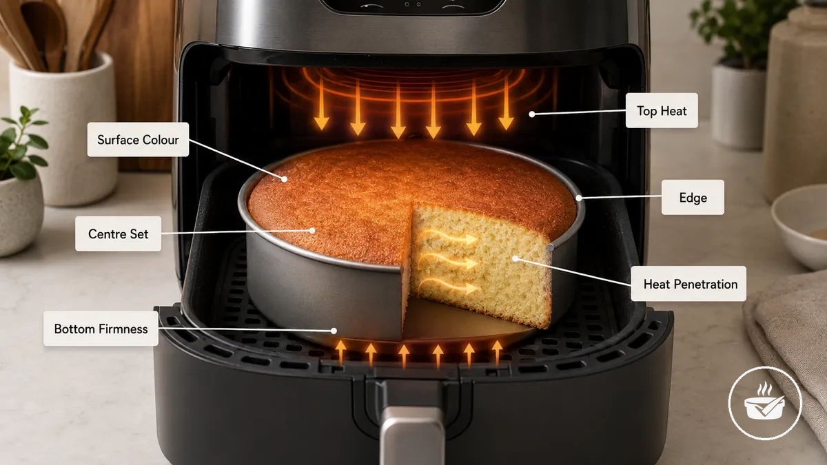 Exemplo anotado mostrando indicadores de douramento, cozimento central e bordas com formas para air fryer