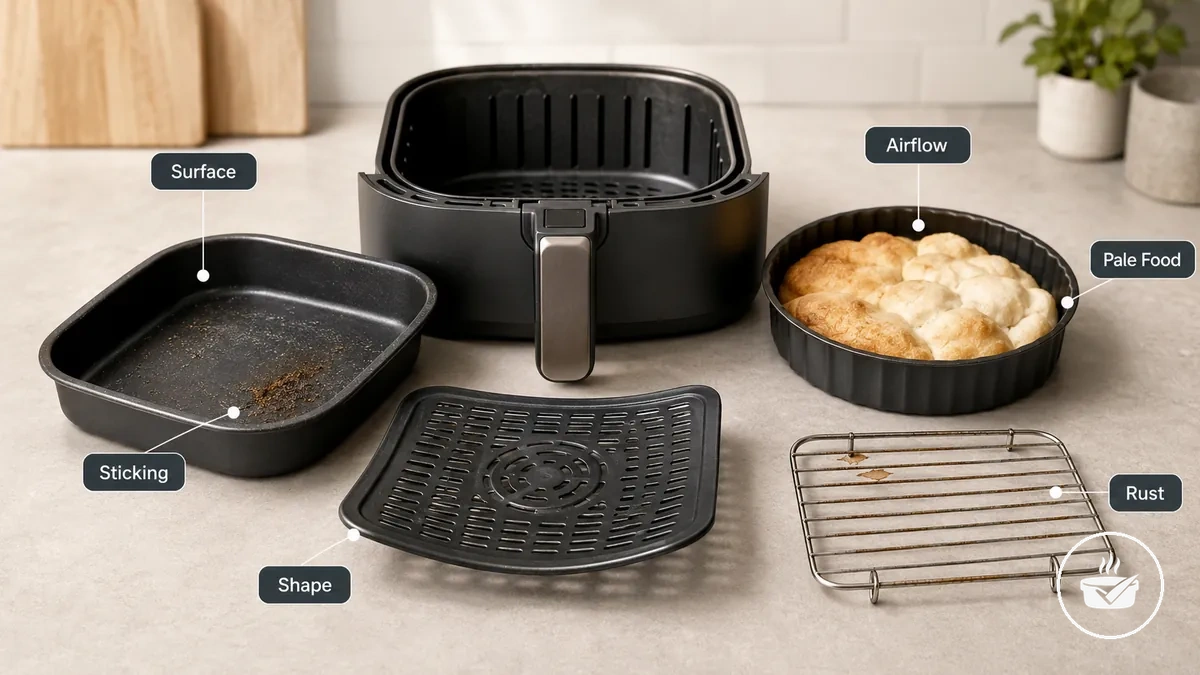 Sintomas de formas para air fryer agrupados por pistas de superfície, formato e fluxo de ar.