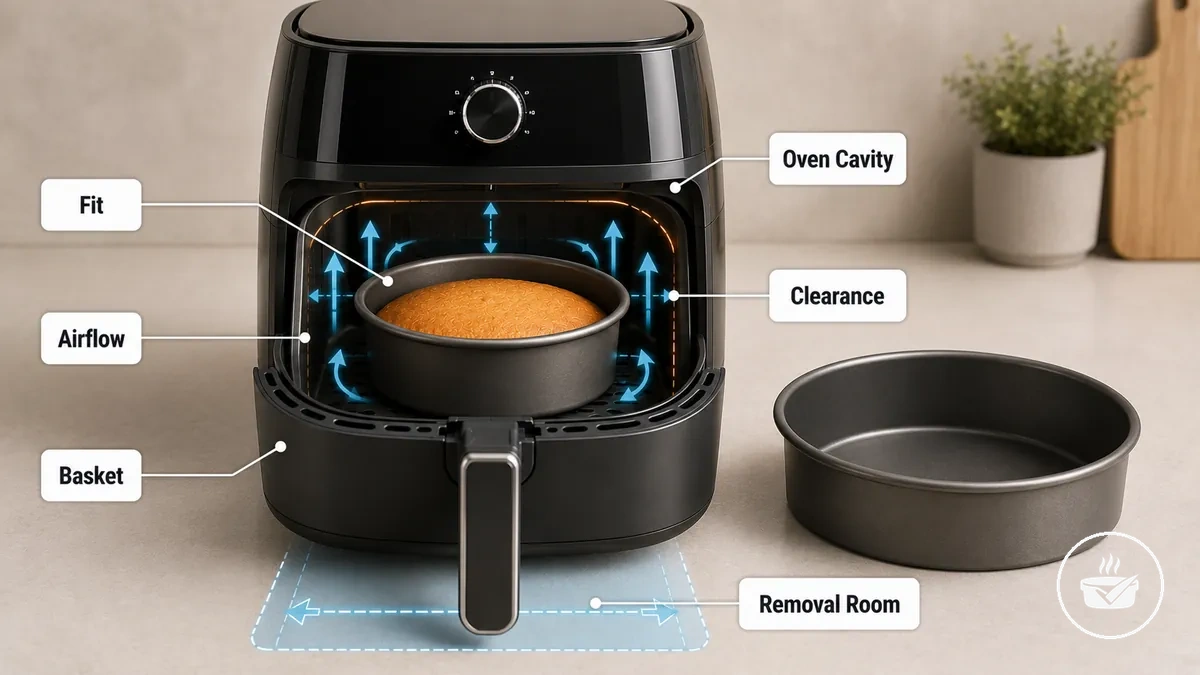 Verificações de encaixe e fluxo de ar dentro de um cesto de air fryer ou cavidade de forno
