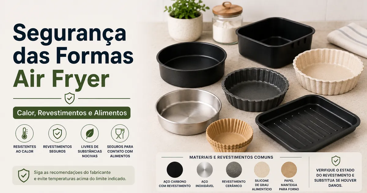 Materiais resistentes ao calor e peças revestidas para uso na air fryer sobre uma bancada.