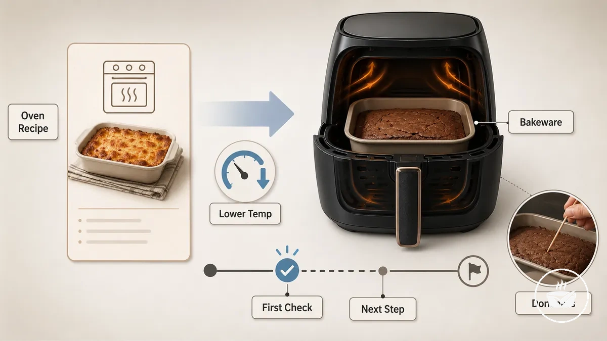 fırından air fryer'a pişirme kabı dönüşüm örneği sıcaklık ve süre ayarlarıyla