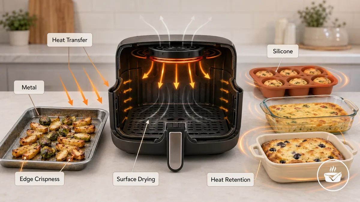 Air fryer pişirme kabı malzemelerinin ısı transferi ve kızarma farklılıklarını gösteren açıklamalı görsel