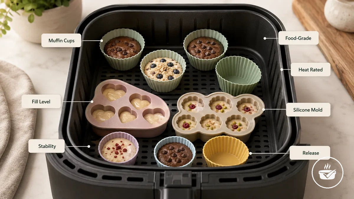 Air fryer sepeti içine yerleştirilmiş silikon muffin kapları ve küçük porsiyonluk kalıplar.