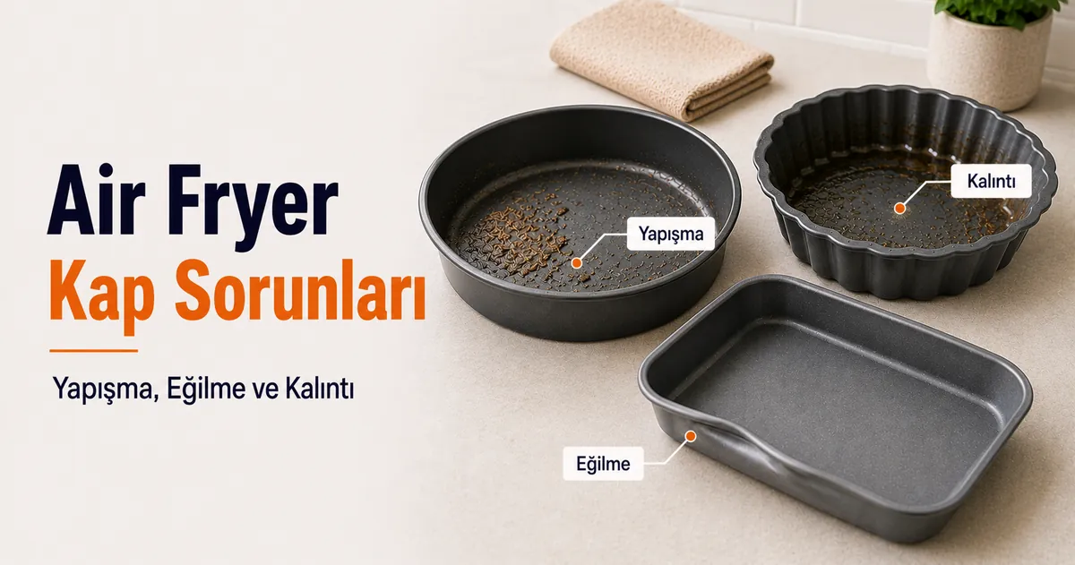 Yapışma, eğilme ve kalıntı gibi yaygın sorunlar görülen air fryer pişirme kapları.